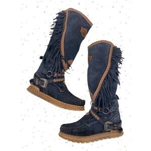 El Vaquero Jade Silverstone Noctis Blue Moccasin Boots Suede Knee High Size 39